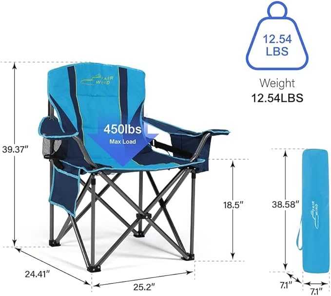 FAIR WIND 2 Pack Oversized Fully Padded Camping Chair with Lumbar Support, Heavy Duty Cooler Bag Fold Chair Support 450 LBS, Blue Green