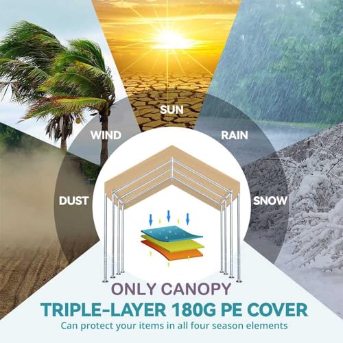 Vanteriam 10'x20' Upgraded Carport Replacement Top Canopy Cover for Car Garage Shelter Tent Party Tent with Ball Bungees B...