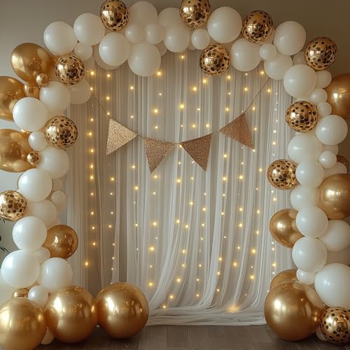 EMHOLDBU 10x10ft White Tulle Backdrop Curtain with Lights String Sheer Drapes for Wedding, Birthday, Baby Shower, Bridal S...