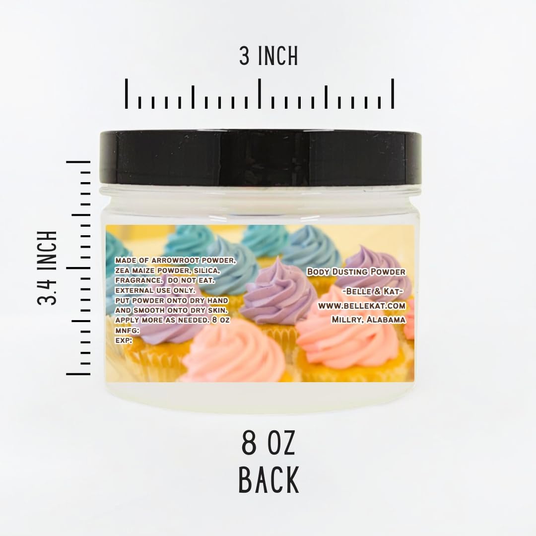 Body Powder for Men & Women Scented Vanilla Cupcake, Bath Perfume Dusting Powder with Fragrance & Essential Oils, Talc Free 8oz Container, Made in USA
