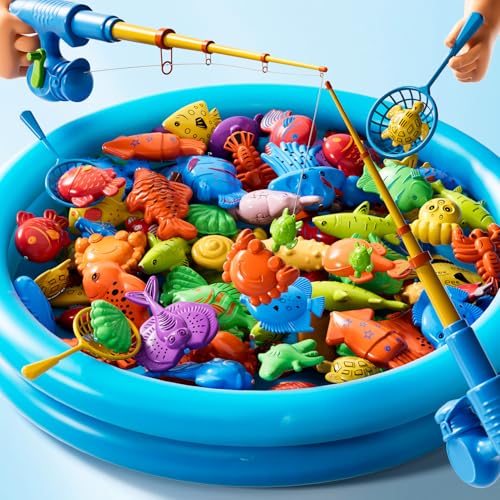 Magnetic Fishing Pool Toys Game for Kids Toddlers 3-5 4-8, Fishing Water Table Bathtub Toy with Inflatable Pool Pole Rod N...