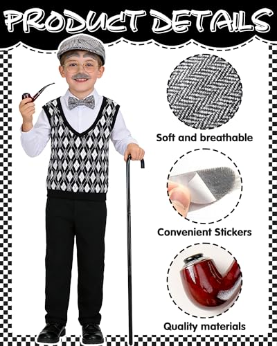 Vivrerizo Old Man Costume for Kids - 7 Pcs Boys 100 Days of School Costume for Grandpa Outfit Dress Up Cosplay