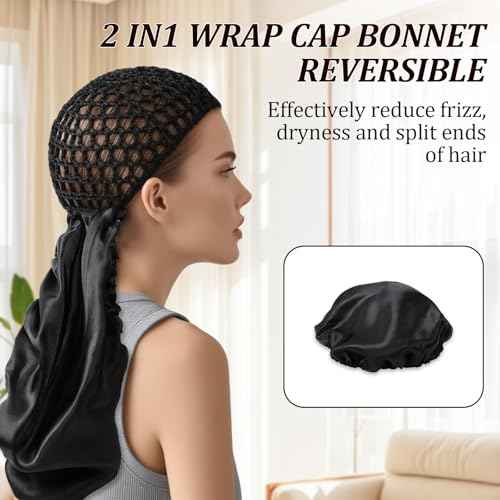 2 in 1 Wrap Cap Bonnet ? Adjustable Hair Wrap Net & Scarf for Silk Press, Extra Long Hair Bonnet Wrap Cap for Curly & Braided Black