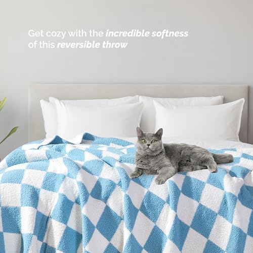 Elegant Comfort Checkered Throw Blanket, Aqua Super Soft Cozy Fluffy Warm Throw Blankets for Couch, Sofa, Chair, Bed, Camp...