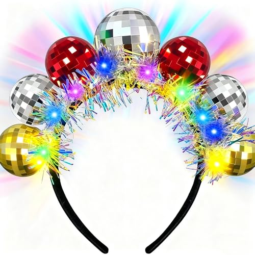 Asikkon New Year Light Up Disco Ball Headband LED Disco Headwear for Women Girl New Year Holiday Parties
