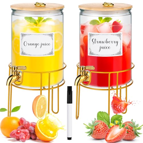 1 Gallon Drink Dispenser,2 Pack Glass Beverage Dispenser With Stand,Juice Containers with Lid for Party,Drink Dispensers f...