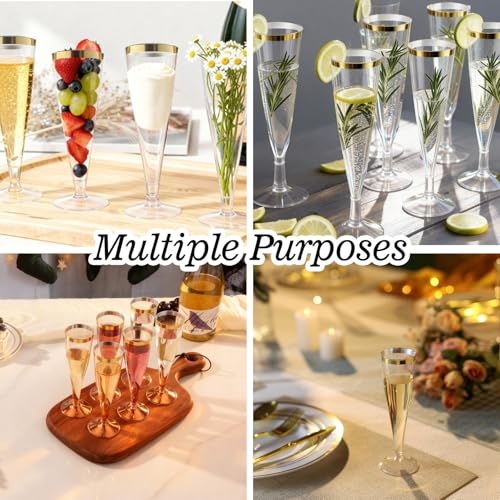 Bestluck 100 Pack Champagne Flutes Plastic with Gold Rim, 4.5 oz Clear Plastic Disposable Stemware, Disposable Champagne F...