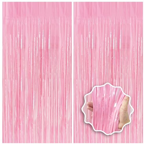 Pastel Pink Birthday Party Backdrop Decorations Foil Fringe Curtain 3.3x8.2ft 2 Pack, Pink Streamers Background Party Deco...