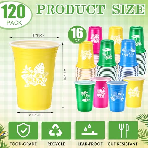 Domensi 120 Pcs Hawaiian Luau Party Plastic Cups 16 oz Summer Beach Tropical Plastic Disposable Cup Hot Cold Drink Wine Co...