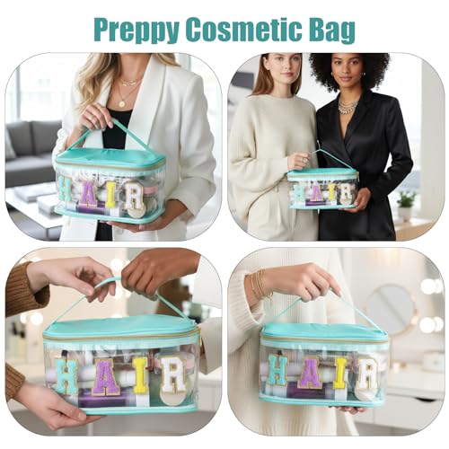 Chenille Letter Clear Makeup Bags Hair Pouch Preppy Patch Makeup Bag Zipper with Handle Transparent PVC Waterproof Glitter...