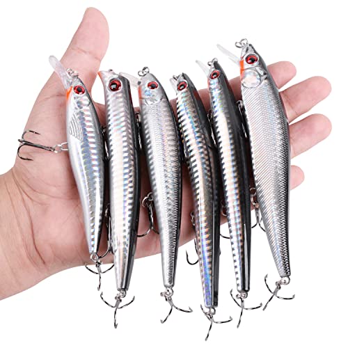 OROOTL Saltwater Fishing Lures Kit, 6 Pack Assorted Surf Fishing Jerkbait Minnow Lures Hard Baits Popper Plugs for Striped...