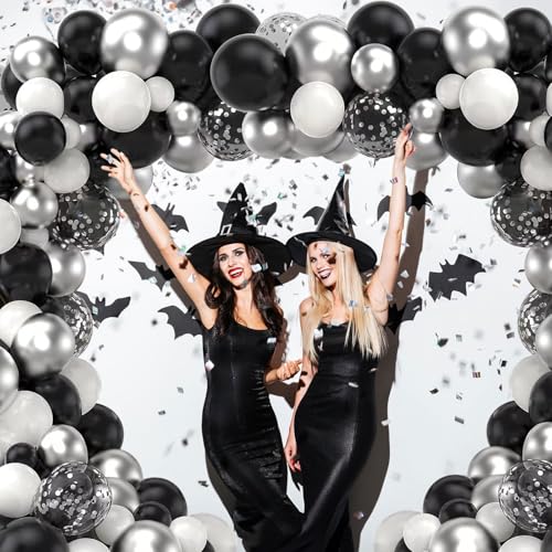 Black and Silver Balloons, 60 Packs 12 Inch Chrome Metallic Silver Balloons and Confetti Balloons, Black White Silver Ball...