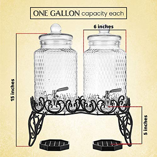 Double Glass Beverage Dispenser Set - 2 Gallon Punch Dispensers with Stand, Spigot, and Drip Trays | Ideal for Juice, Tea,...