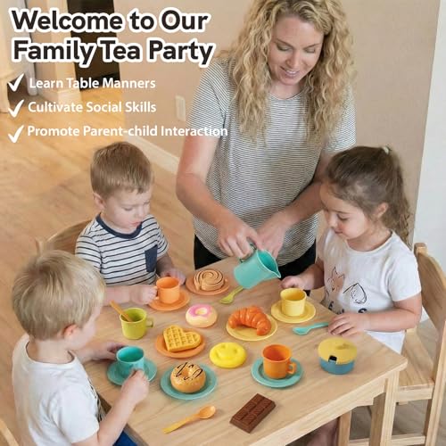 HERSITY Picnic Basket Toys for Toddlers, Kids Play Tea Sets with Teapot Tea Cup Dessert Food and Mat, Pretend Play Kitchen...