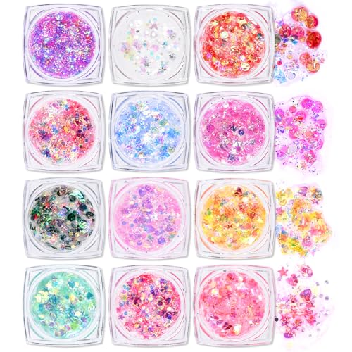 Ownest 12 Colors Holographic Chunky Glitter Gel Set, Christmas Party Makeup Face Body Eye Lips Hair Nail Cosmetic Festival...