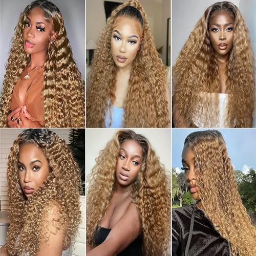 1B/27 Honey Blonde Bundles Ombre Deep Wave Bundles Human Hair Brazilian Two Tone Black and Blonde 3 Bundles Ombre Blonde Deep Wave Bundles Hair Weave for Black Women (20 22 24 Inch)