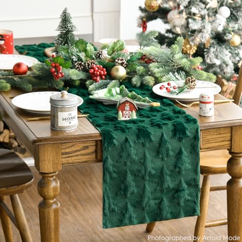 Artoid Mode Christmas Trees Green Soft Plush Faux Fur Jacquard Christmas Table Runner, Holiday Kitchen Dining Table Decora...