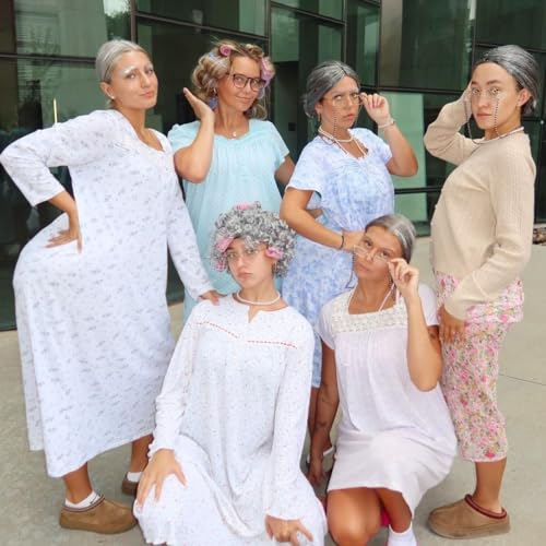 WOVOWOVO Old Lady Costume for Women,Grandma Costume Curly Grey Wig Set,Wig Caps,Madea Granny Glasses, Eyeglass Retainer Ch...