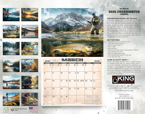 2026 Fresh Water Fishing Illustrated Wall Calendar 16-Month X-Large Size 14x22, Fishing Calendar by The KING Company-Monst...