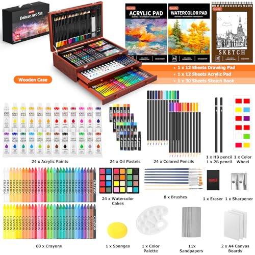 Soucolor Art Supplies, 192-Pack Deluxe Art Set Drawing Painting Supplies Kit with Acrylic Pad, Watercolor Pad, Sketch Boo...