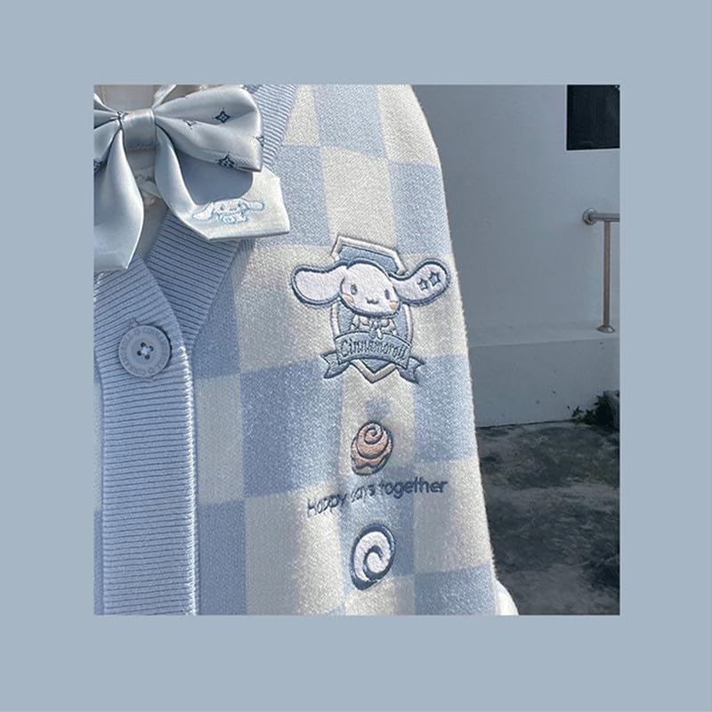 Kawaii Sweater Anime Blue Plaid Cardigan Sweaters for Women Cosplay Costume V Neck Long Sleeve Women's Button Knitted Outerwear JK Uniform S