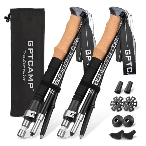 GPTCAMP Nordic Walking Stick, TPZ-1, 2pc Folding Collapsible Hiking Poles with Metal Quick Lock, Cork Handle, Lightweight ...
