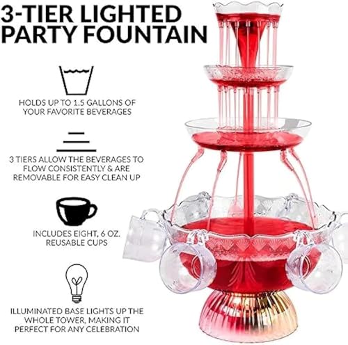 3-Tier Cocktail Machine with LED Base and 5 Cups, Electric Champagne Fountain Drink Dispenser for Wedding, Party, Celebrat...