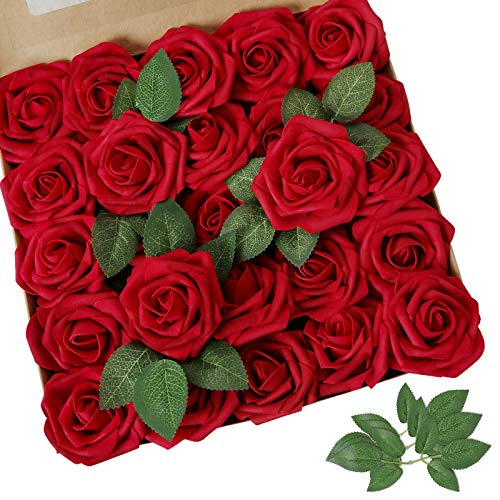 AmyHomie Artificial Flower Dark Red Rose 25pcs Real Looking Fake Roses w/Stem for DIY Wedding Bouquets Centerpieces Arrang...