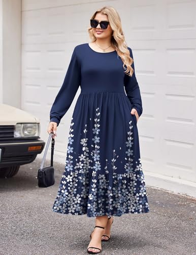 IN'VOLAND Women Plus Size Long Sleeve Dress Loose Casual Flowy Tiered Long Maxi Dresses with Pockets