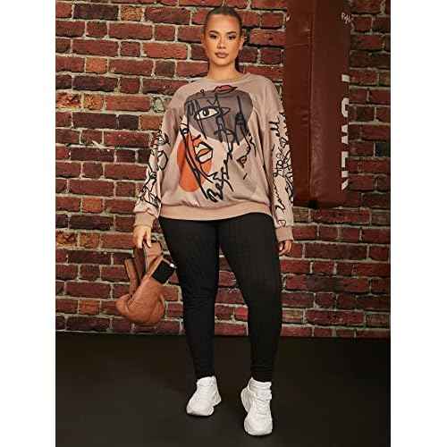 WDIRARA Women's Figure Graphic Print Sweatshirt Round Neck Long Sleeve Contrast Color Graffiti Pullovers