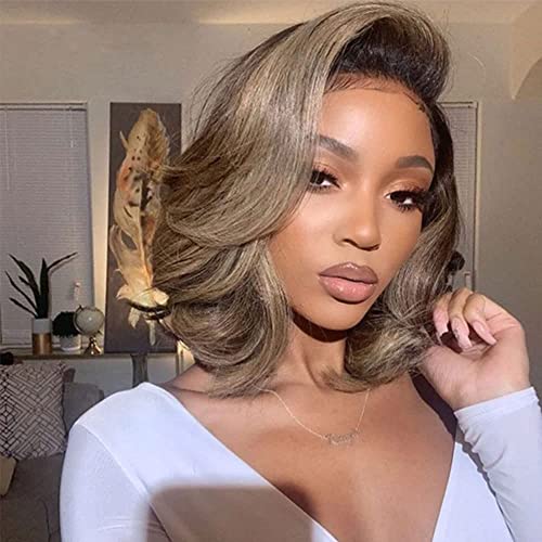1b/Ash Blonde Lace Front Wig Human Hair Pre Plucked Hairline 180% Density Short Bob Human Hair Wigs For Women Summer Bob 13x4 Lace Front Wig 1b Grey Human Hair Wigs (16inches)