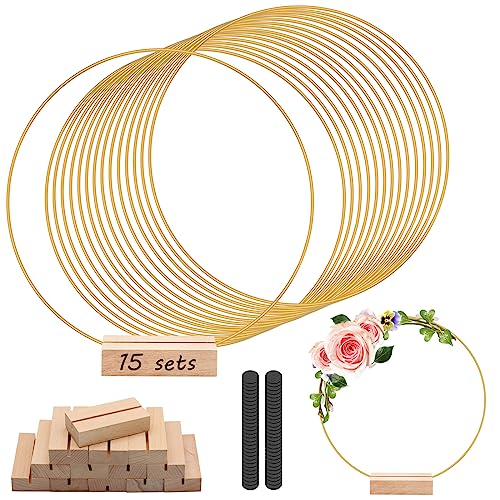 trophable 15Pcs 12 Inch Metal Floral Hoop Centerpiece with 15 PCS Wood Place Card Holders and Adjustable Foot Pads, Gold W...
