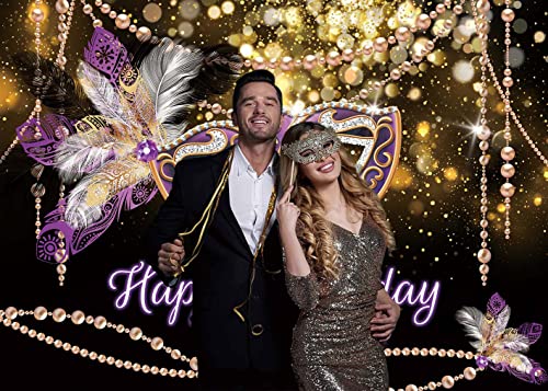 Mardi Gras Birthday Backdrop Masquerade Purple Mask Gold Glitter Feathers Photography Background Retro Women Dress-up Part...