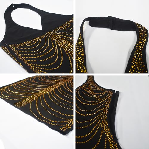 PORRCEY Women's Hot Drilling Craft Sexy Long Sleeve Mesh See Through Party Club Night Rhinestone Dress