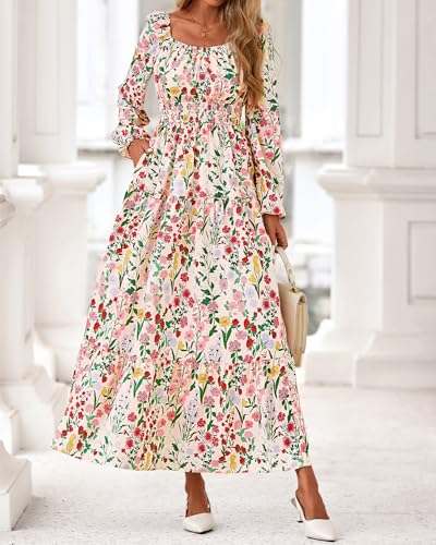 BTFBM Long Sleeve Dress for Women 2026 Spring Fall Boho Floral Square Neck Casual Flowy Long Wedding Guest Maxi Dresses