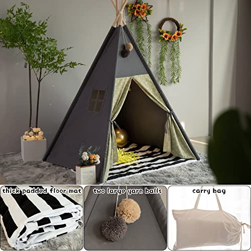 TreeBud Teepee Tent for Kids Stripe Padded Mat Foldable Dark Tone Grey Play Tents for Girl and Boy with Carry Case Wooden ...