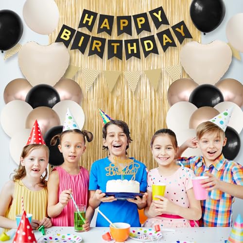 Black Gold Birthday Decorations,Party Decorations with Sand White Champagne Gold Balloon Heart Balloons Happy Birthday Ban...