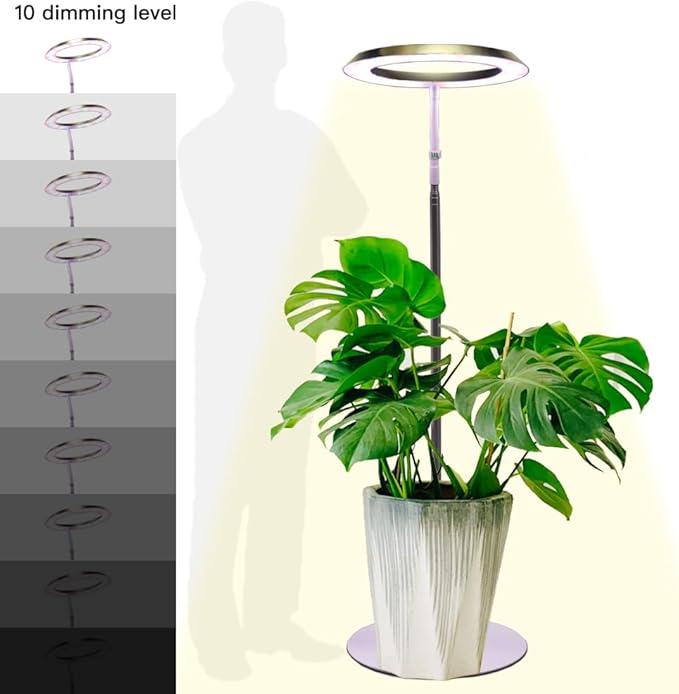 Qux 10” Halo Pro Grow Light,Full Spectrum LED Freestanting Plant Grow Lamp with 3 Kind of Light Colors switchover & 10-Level Dimmable,Auto On Off Timing 4/8/12Hrs for Indoor Larger Plants (Gold)