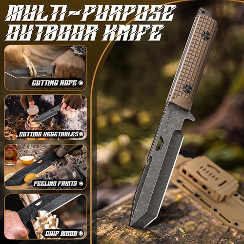 Dragon Creek Tactical Knife Kydex - Outdoor Survival Knife with Sheath D2 Steel Blade G10 Full Tang Handle for Camping Hik...