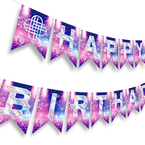 Happy Birthday Banner & Sign, Pink and Purple Magical Music Theme Party Decorations for Girls, Cute Singer Birthday Backdr...