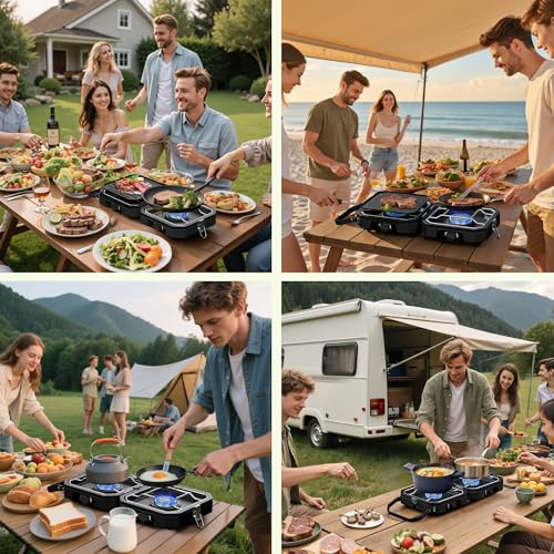 Camping Stove Portable Propane Camp Stove with Independently Adjustable Heat & Carry Bag, Foldable Gas Stove with 2 Burner...