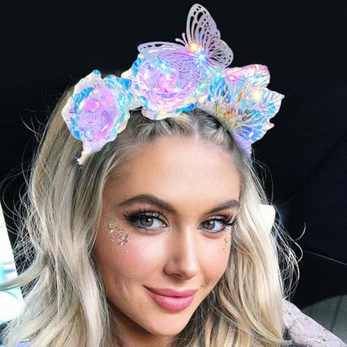 Uranian Light Up Butterfly Headband LED Flower Headwear Luminous Laser Hair Hoop Glowing Party Rave Hair Accessories for W...