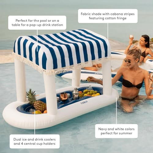 FUNBOY Giant Floating Navy Cabana Stripe Drink Station, Removable Fabric Shade with Fringe, Perfect for Parties, Table-Top...