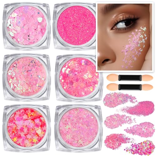 Teenitor Face Glitter, Pink Body Glitter Gel, Holographic Glitter for Face and Body, Hair, Gel Glitter Makeup for Festival...