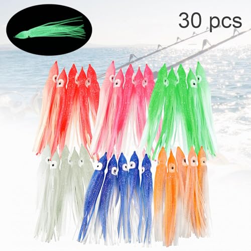 OriGlam 30pcs Luminous Squid Fishing Lures, Glow Octopus Skirts Squid Skirts Trolling Lures, Trolling Saltwater Baits Soft...