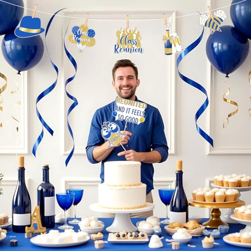 JOYMEMO 24Pcs Class Reunion Photo Booth Props, Blue Gold Best Class Ever Welcome Back Party Decorations, Reunion Party Pho...