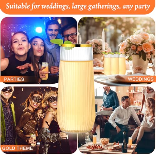 Reallnaive 60 Pack Ribbed Stemless Toasting Glasses, 9 Oz Plastic Champagne Flutes, Disposable BPA-Free Gold Rim Toasting ...