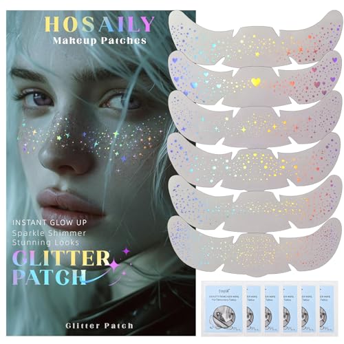 HOSAILY 6 pcs Holographic Glitter Freckles Face Tattoo, Waterproof Sparkle Body Glitter Speckles Patches for Women, Cute S...