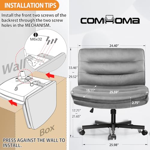 COMHOMA Cross Legged Office Chair with Wheels Armless-Office Desk Chair, Modern Vanity Computer Task Chairs for Home Bedro...