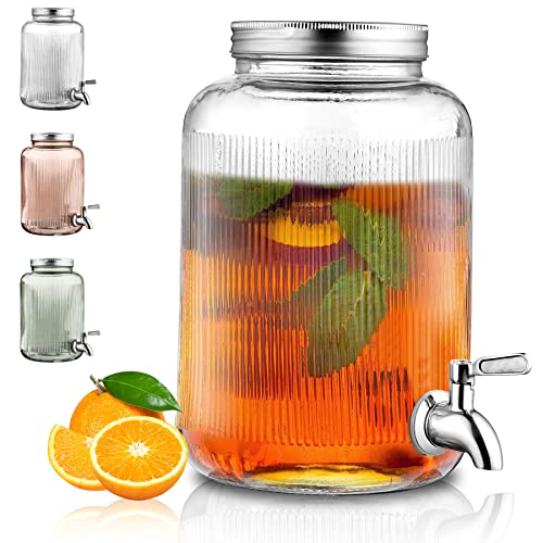 Berglander Glass Drink Dispenser for Fridge, 1 Gallon Beverage Dispenser with Leakproof Stainless Steel Spigot, Water, Lau...